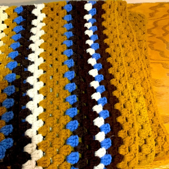 Vintage Crochet Knitted Throw Blanket | Mustard Yellow Blue & Brown Decor Colors - Picture 8 of 8
